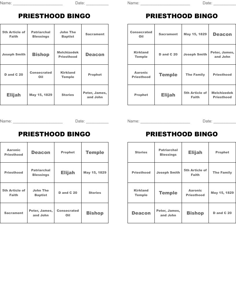 PRIESTHOOD BINGO