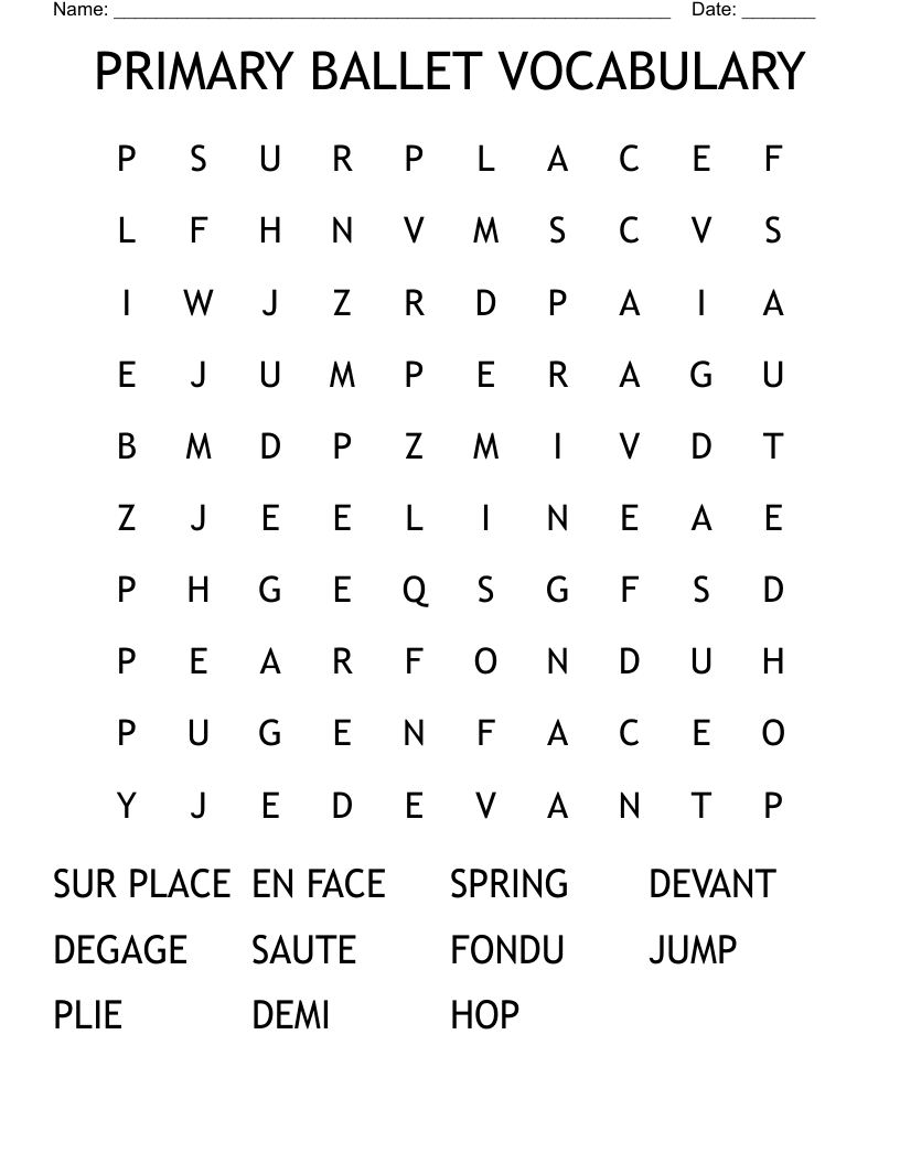 PRIMARY BALLET VOCABULARY Word Search
