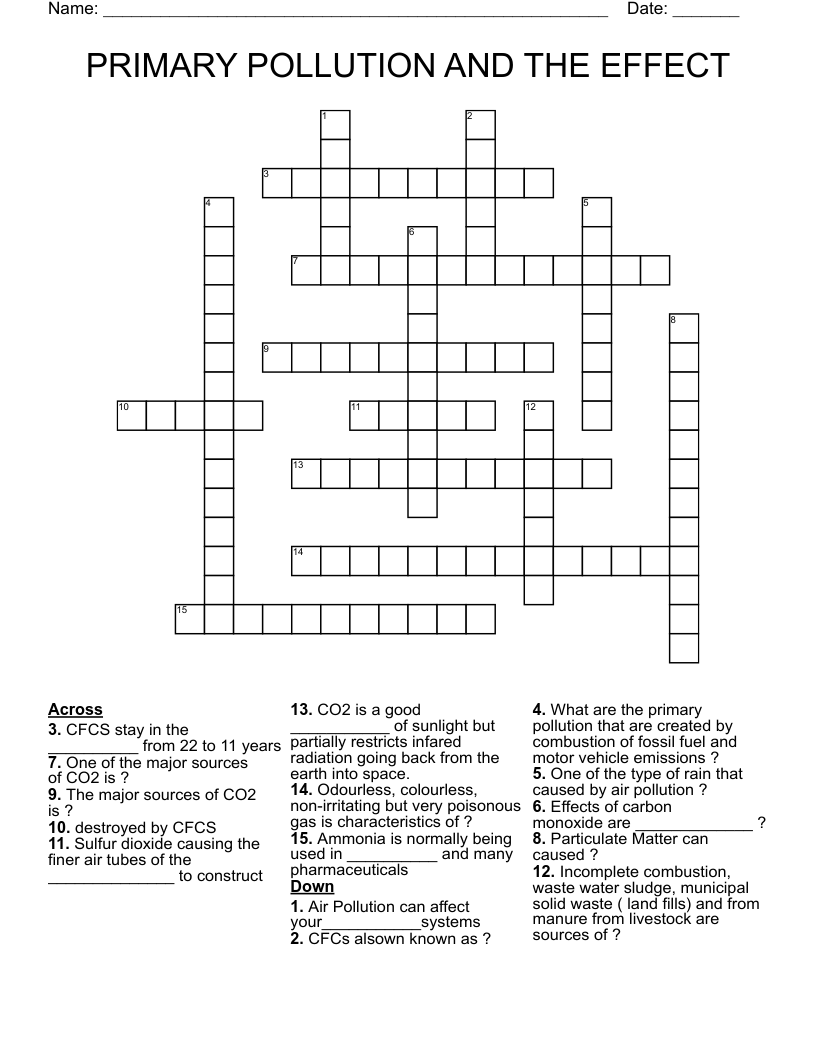 PRIMARY POLLUTION AND THE EFFECT Crossword