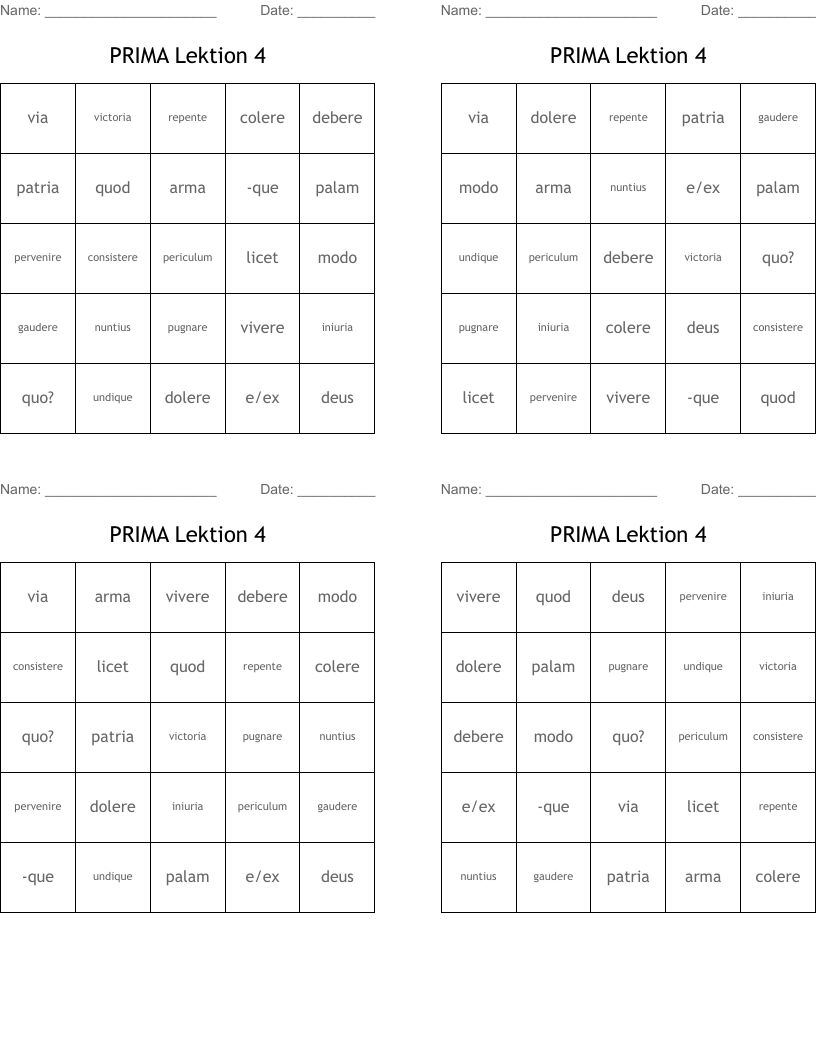 PRIMA Lektion 4 Bingo Cards