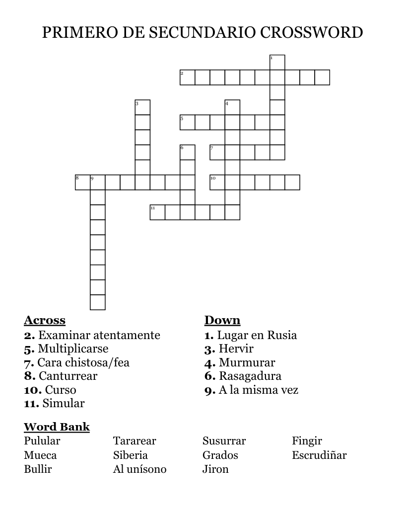 PRIMERO DE SECUNDARIO CROSSWORD