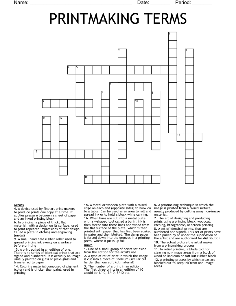 PRINTMAKING TERMS Crossword