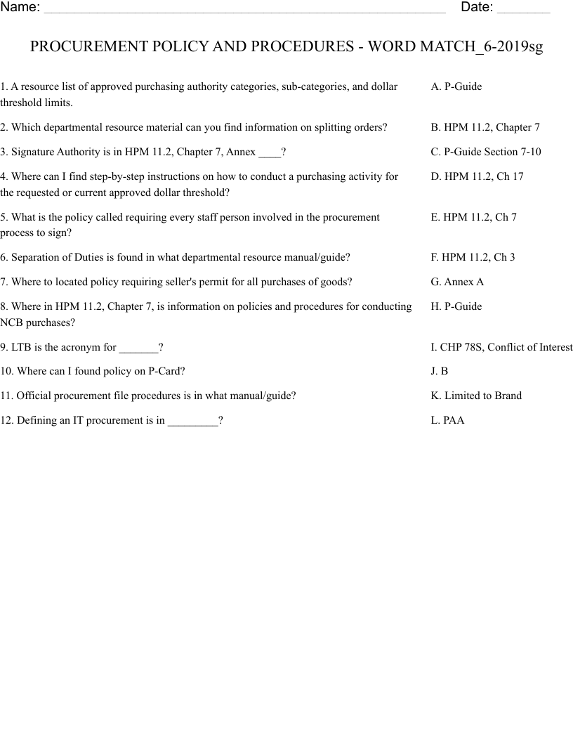PROCUREMENT POLICY AND PROCEDURES - WORD MATCH_6-2019sg Worksheet