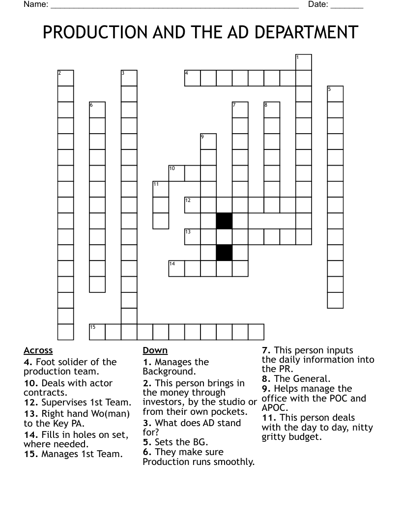 PRODUCTION AND THE AD DEPARTMENT Crossword
