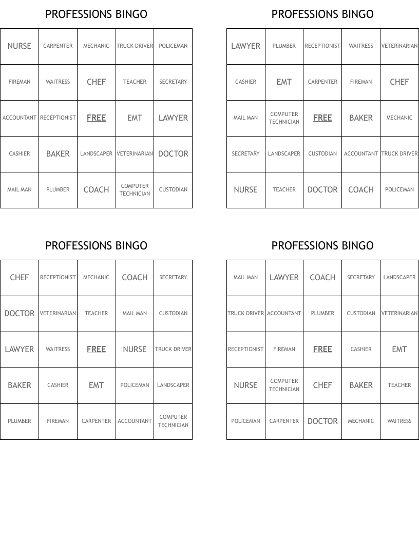PROFESSIONS BINGO