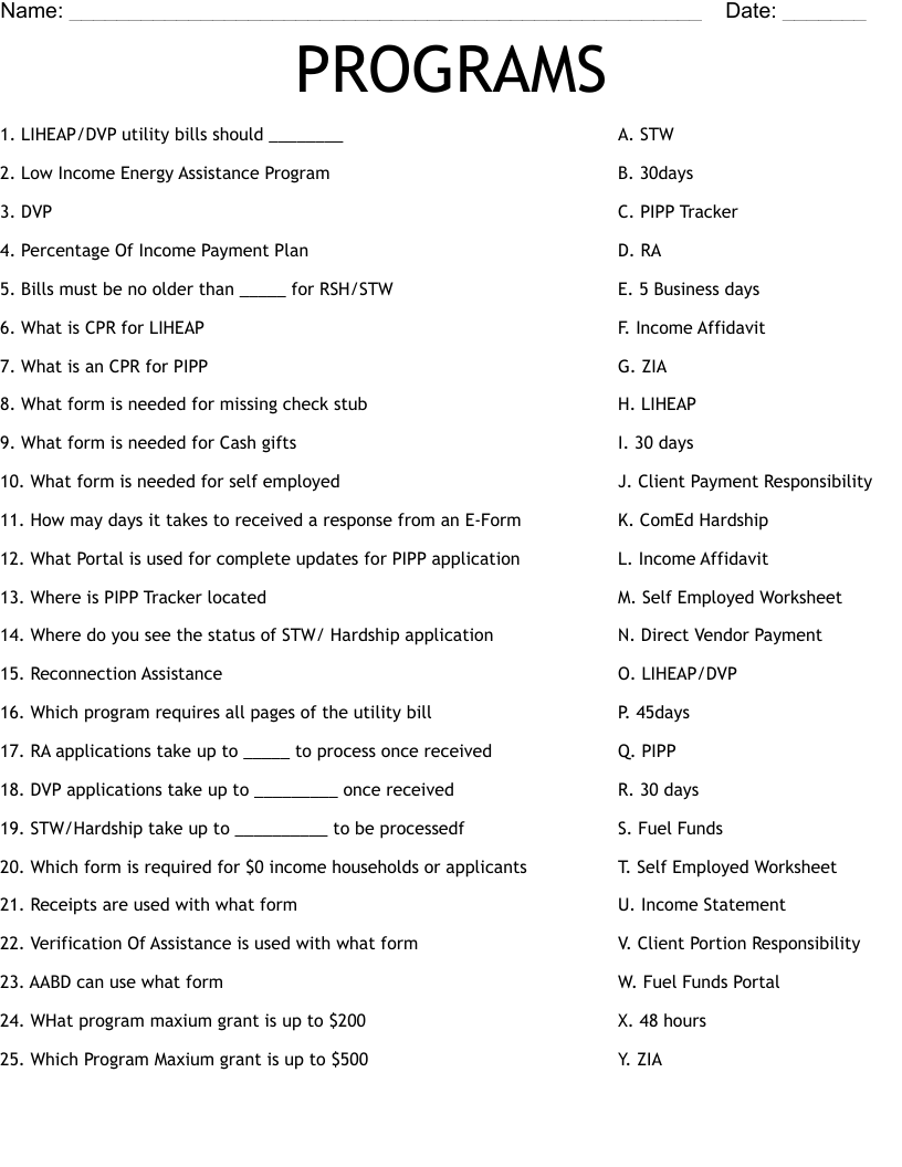 PROGRAMS Worksheet