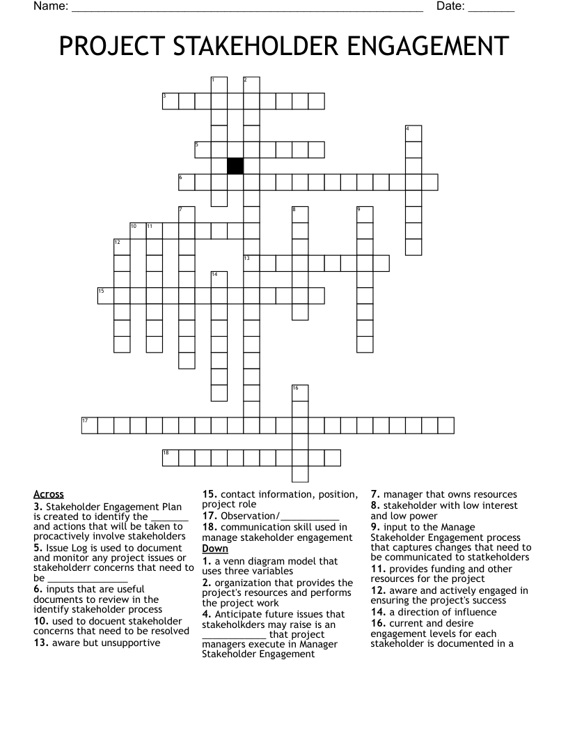 PROJECT STAKEHOLDER ENGAGEMENT Crossword