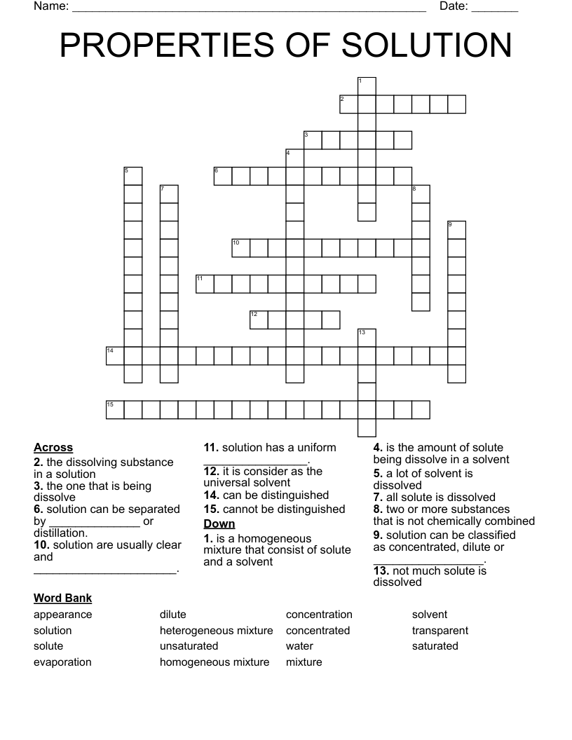PROPERTIES OF SOLUTION Crossword