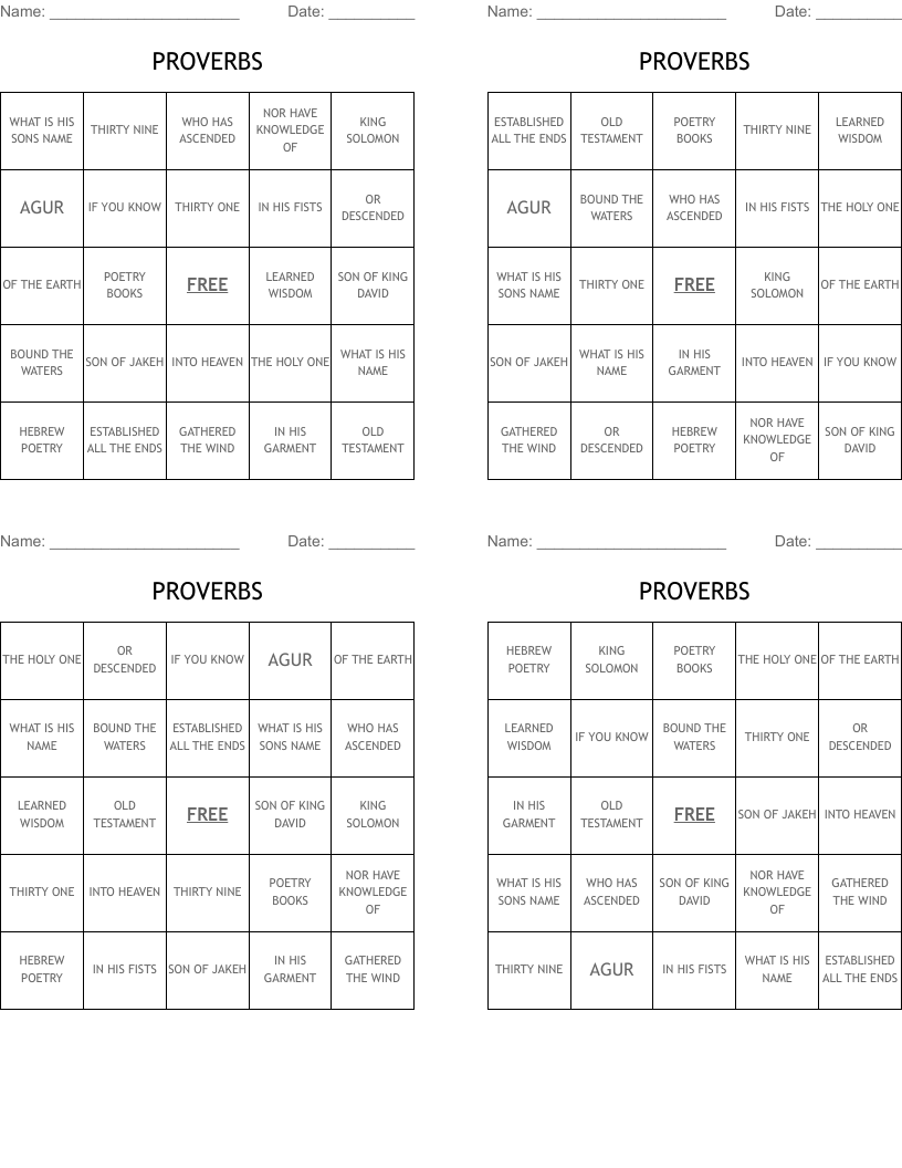 PROVERBS Bingo Cards