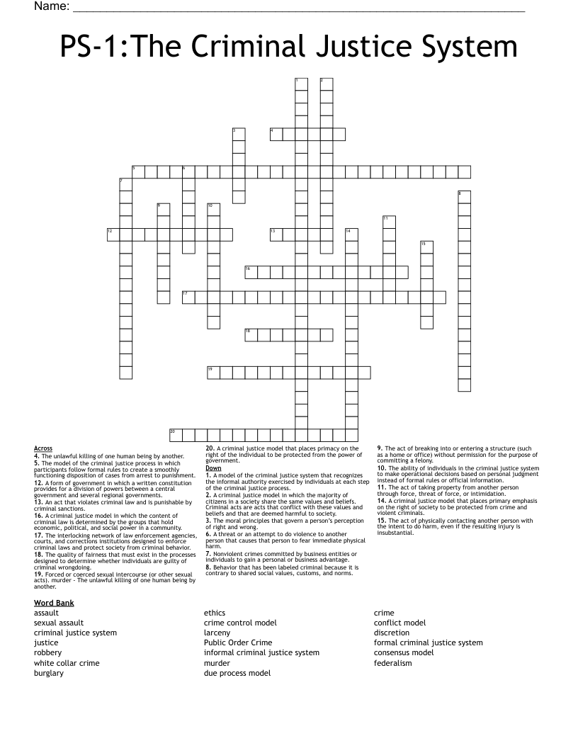 PS-1:The Criminal Justice System Crossword