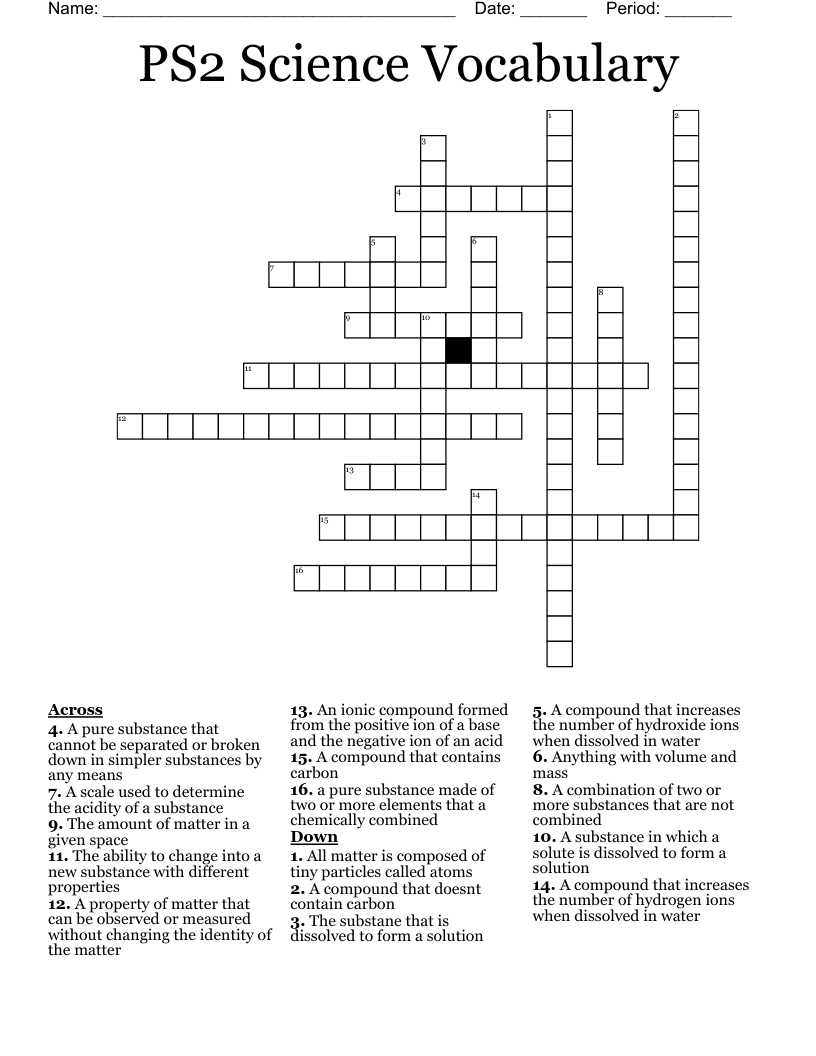 PS2 Science Vocabulary Crossword