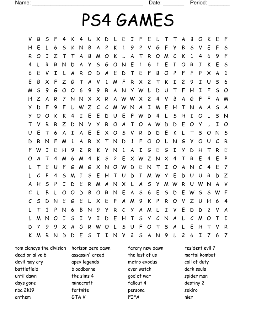 PS4 GAMES   Word Search