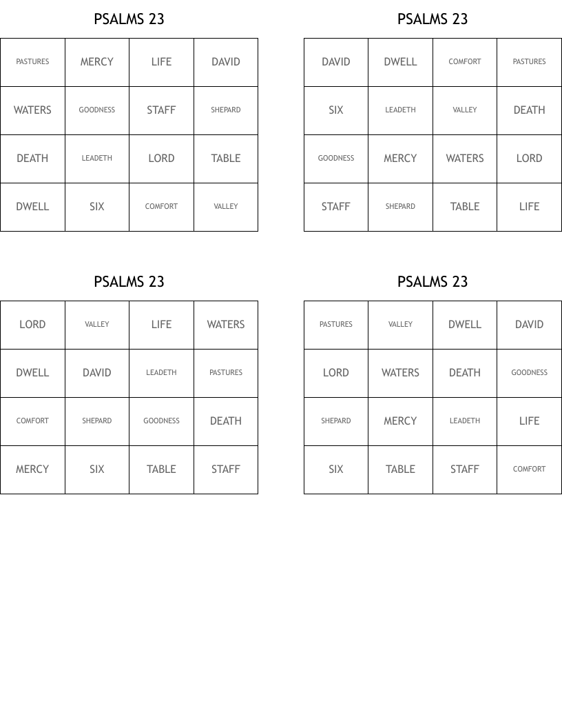 PSALMS 23 Bingo Cards