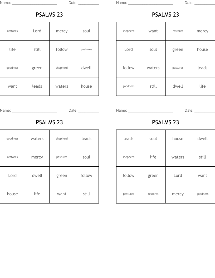 PSALMS 23 Bingo Cards
