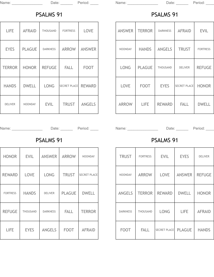 PSALMS 91 Bingo Cards