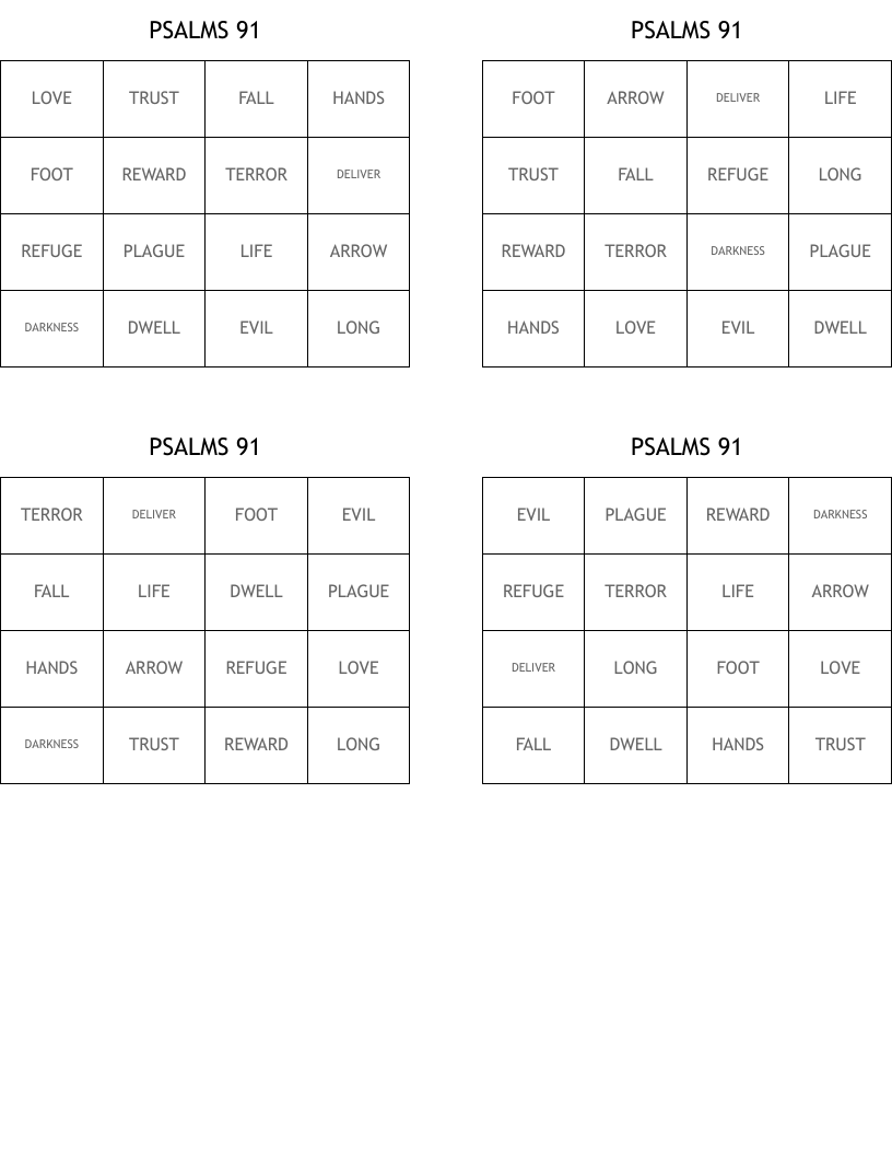 PSALMS 91 Bingo Cards