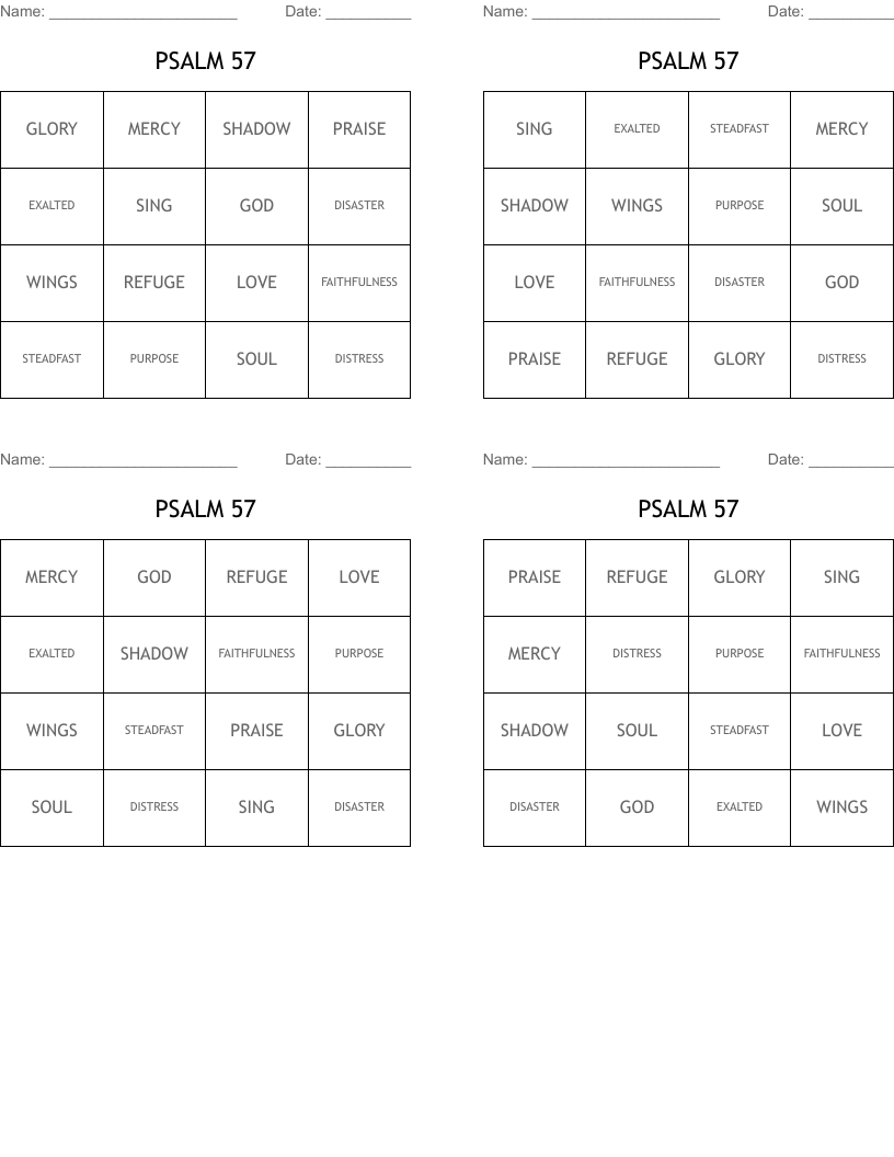 PSALM 57 Bingo Cards