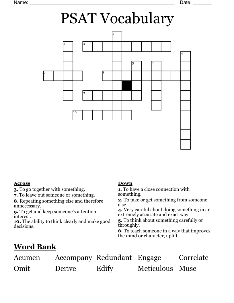 PSAT Vocabulary Crossword
