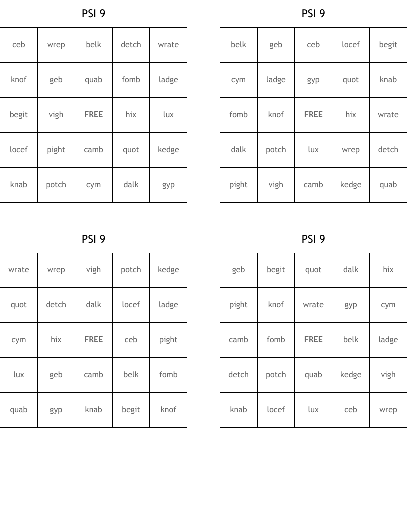PSI 9  Bingo Cards