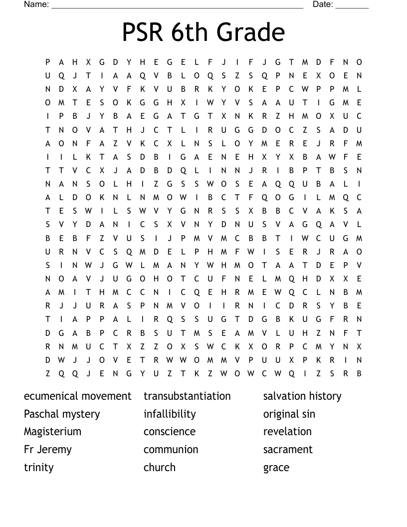 PSR 6th Grade Word Search