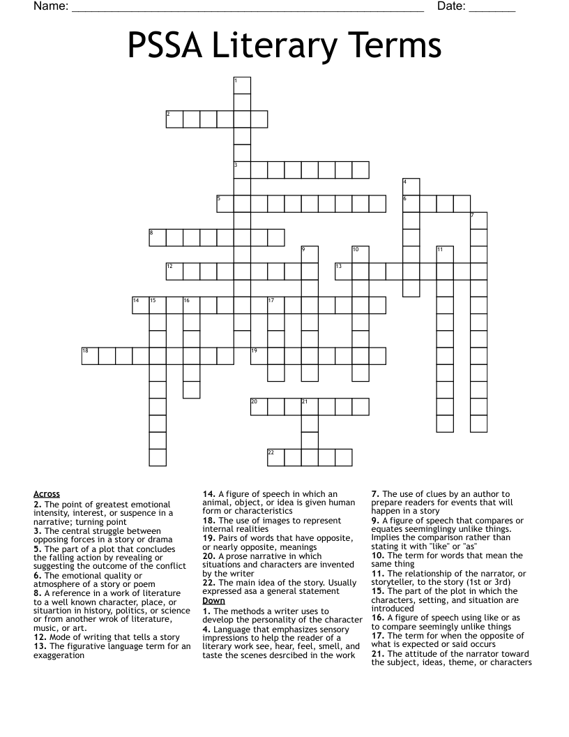 PSSA Literary Terms Crossword