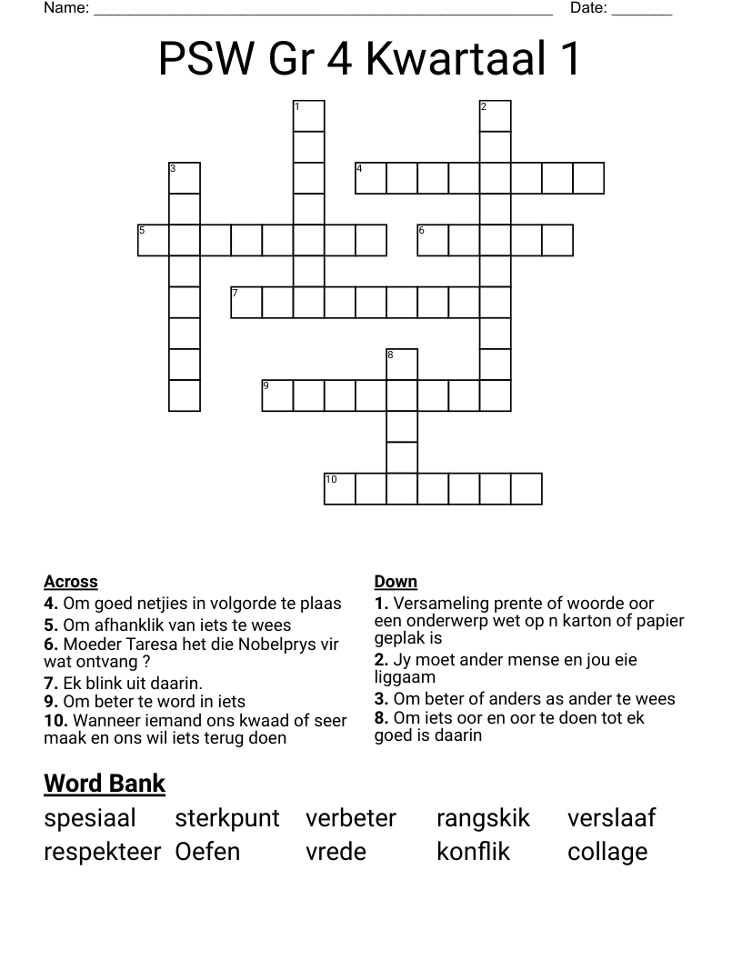 PSW Gr 4 Kwartaal 1 Crossword