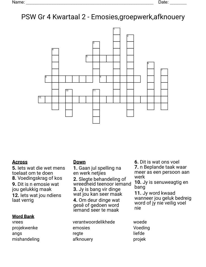 PSW Gr 4 Kwartaal 2 - Emosies,groepwerk,afknouery Crossword