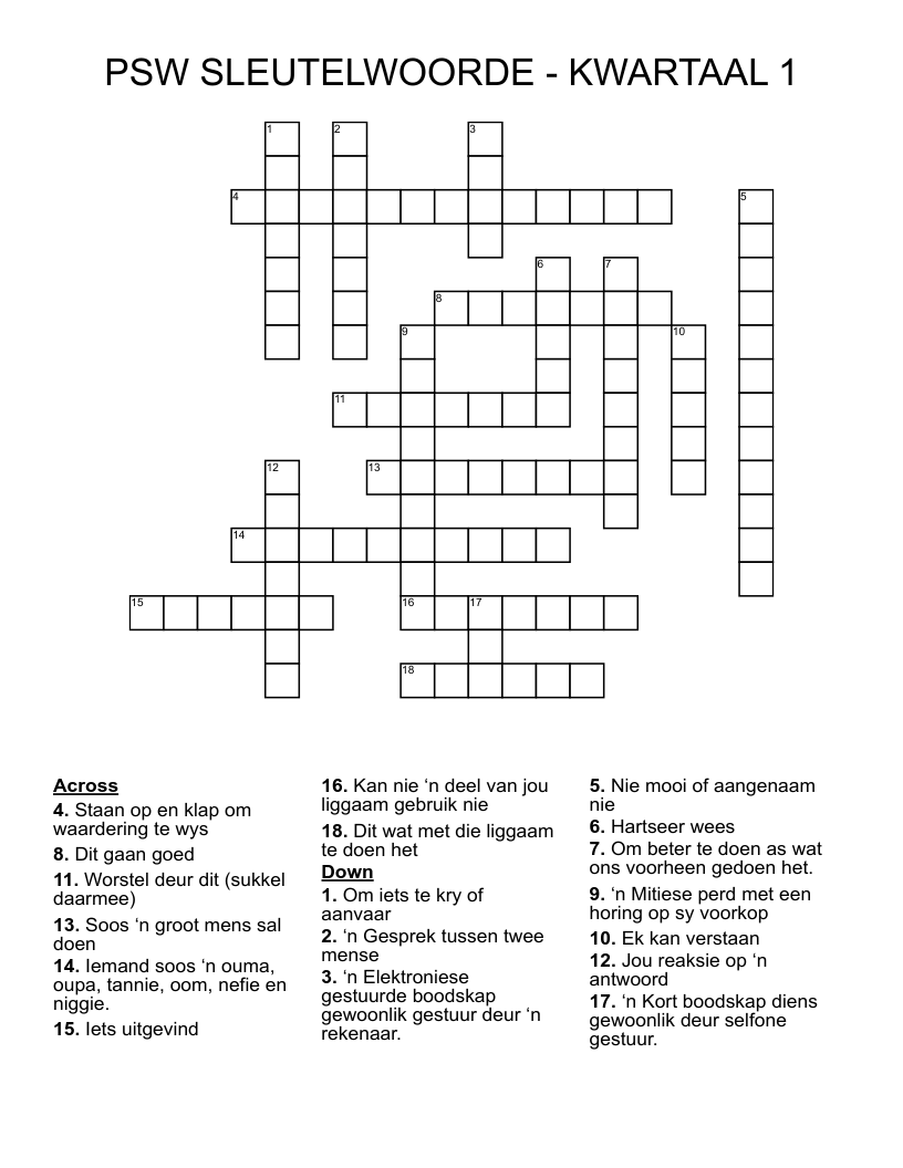 PSW SLEUTELWOORDE -  KWARTAAL 1  Crossword