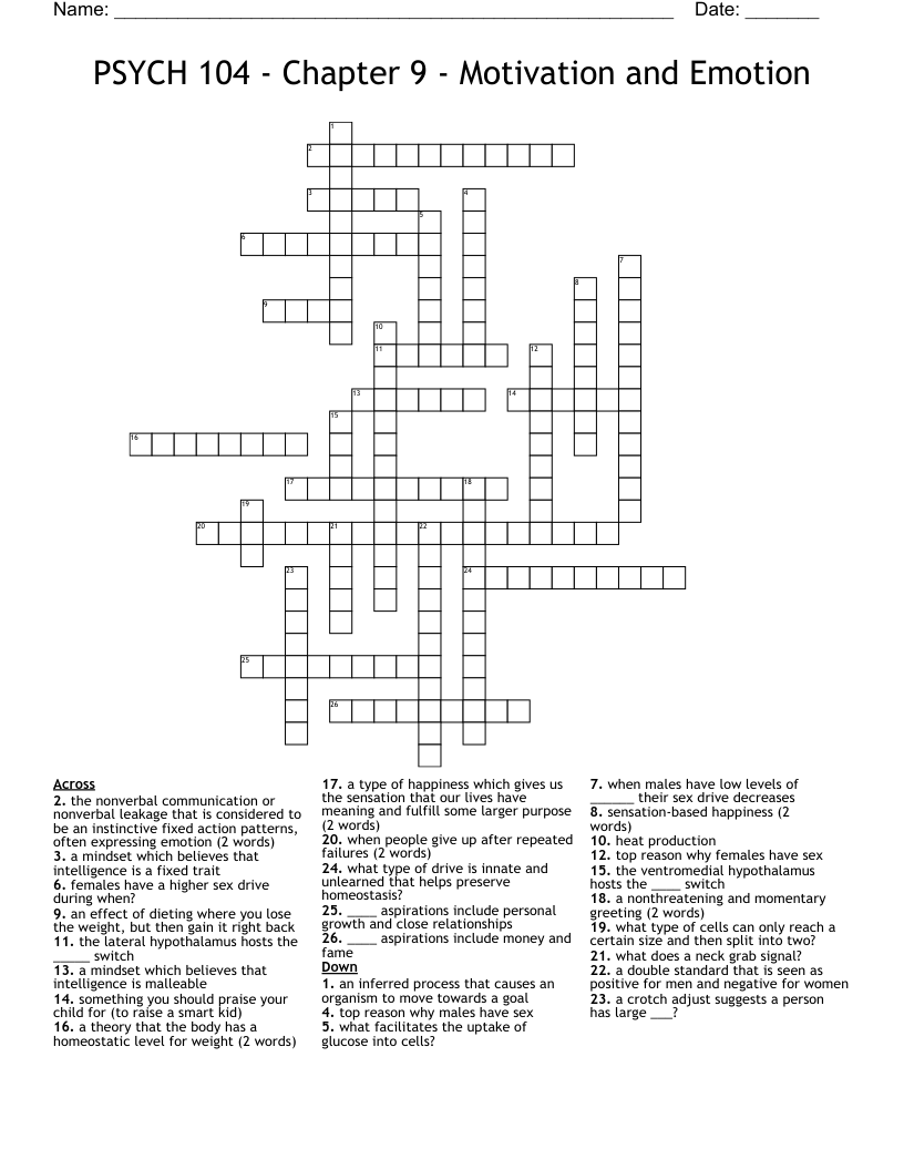 PSYCH 104 - Chapter 9 - Motivation and Emotion Crossword