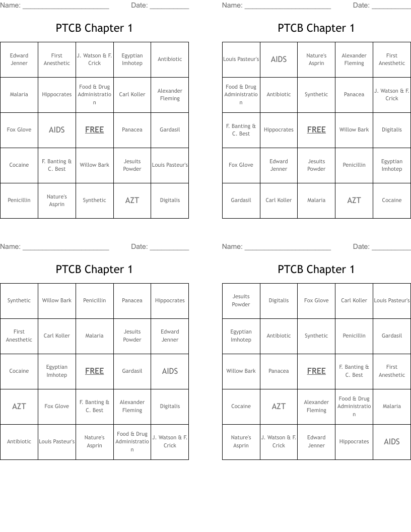 PTCB Chapter 1  Bingo Cards