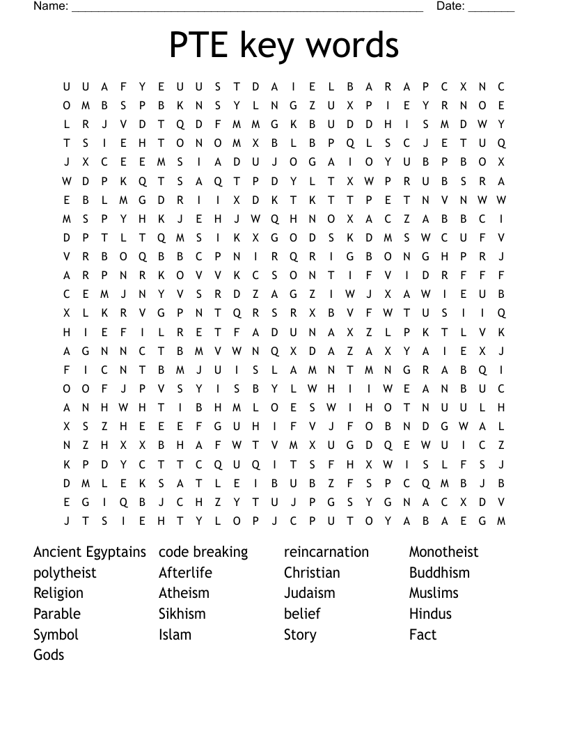 PTE key words Word Search