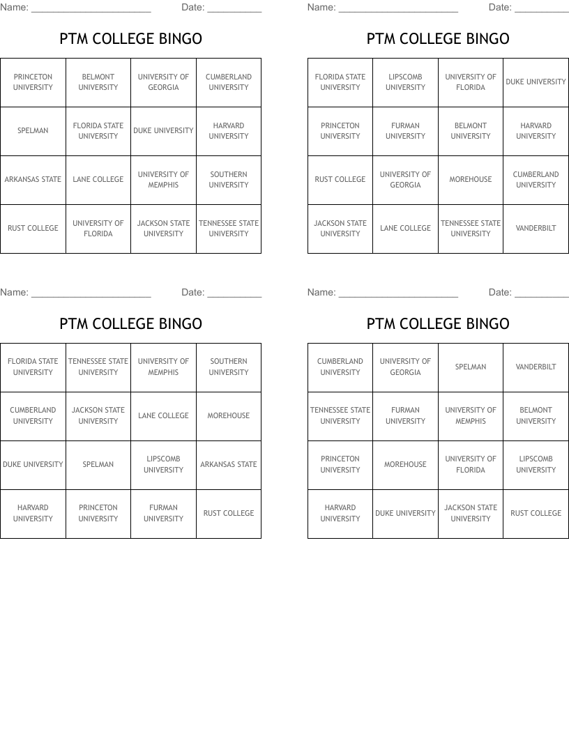 PTM COLLEGE BINGO