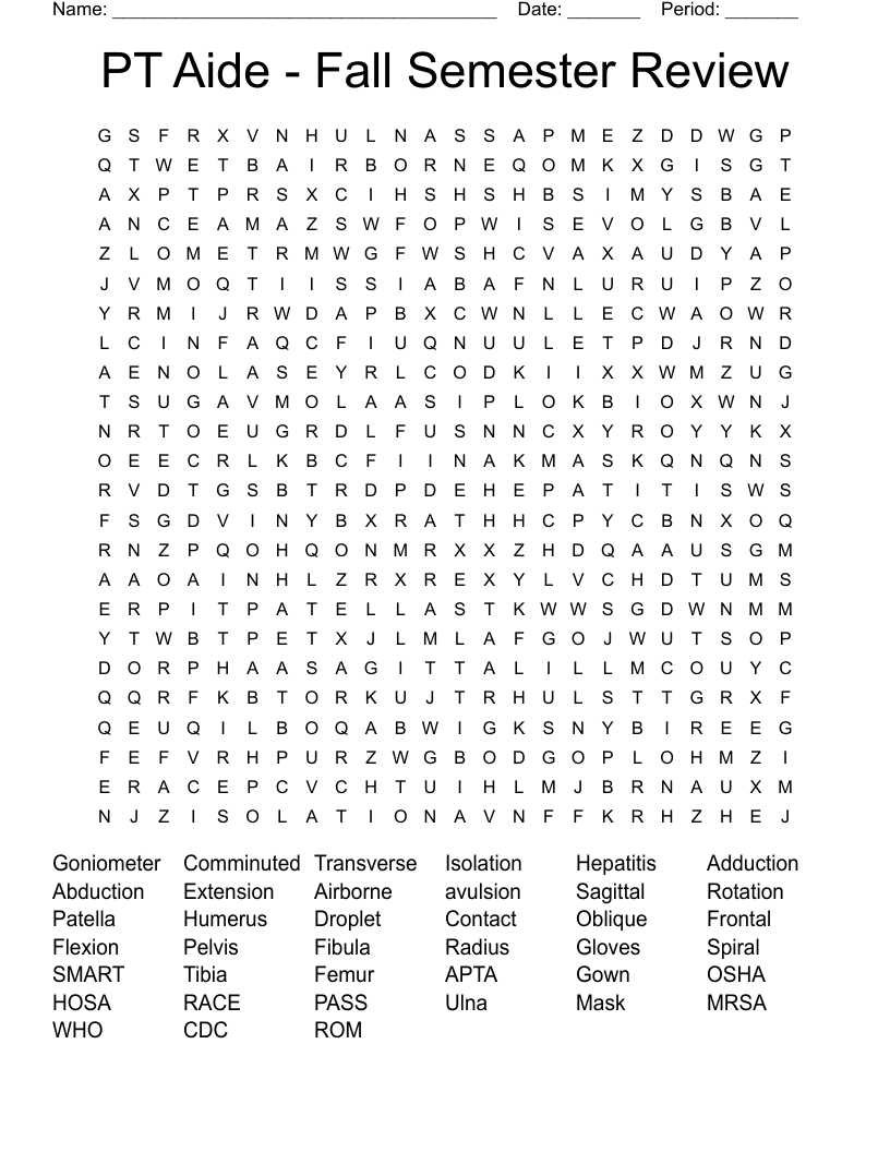PT Aide  - Fall Semester Review Word Search