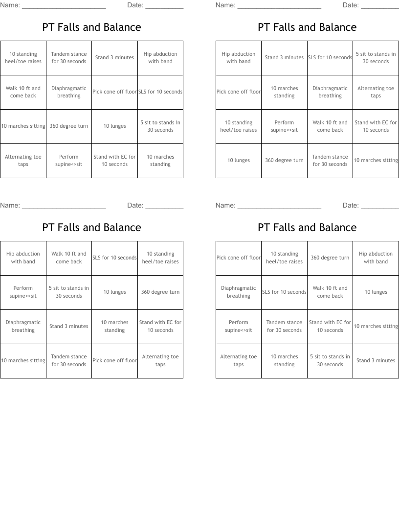 PT Falls and Balance Bingo Cards