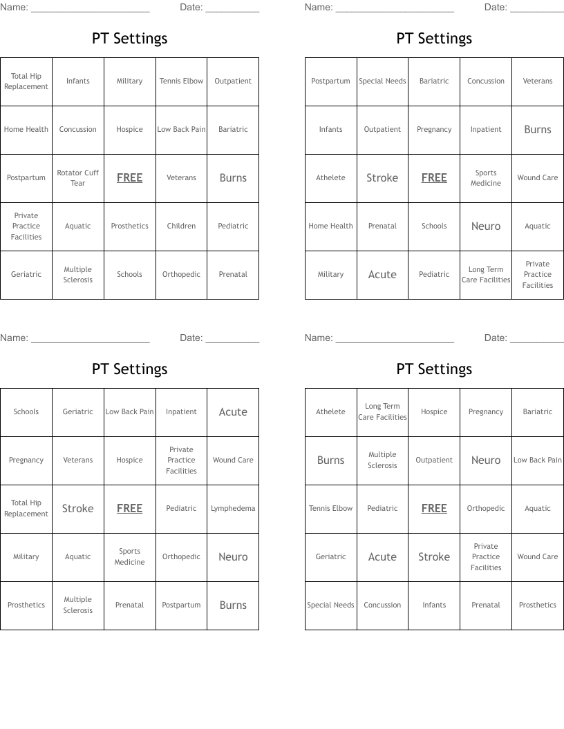 PT Settings Bingo Cards