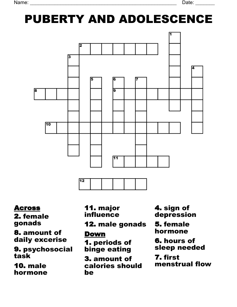 PUBERTY AND ADOLESCENCE Crossword