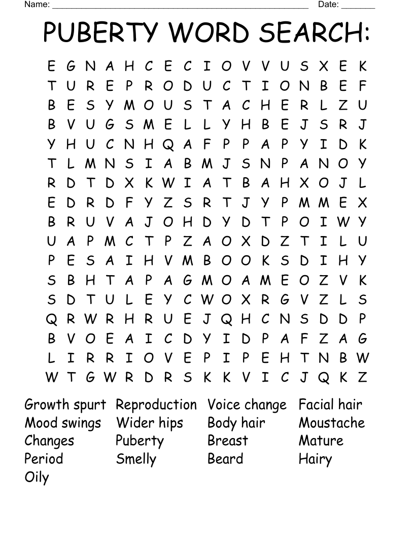 PUBERTY WORD SEARCH: