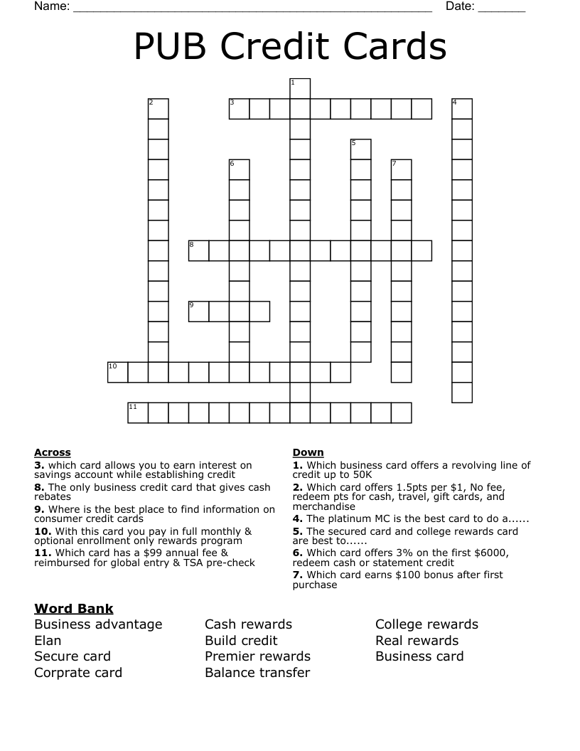 PUB Credit Cards Crossword