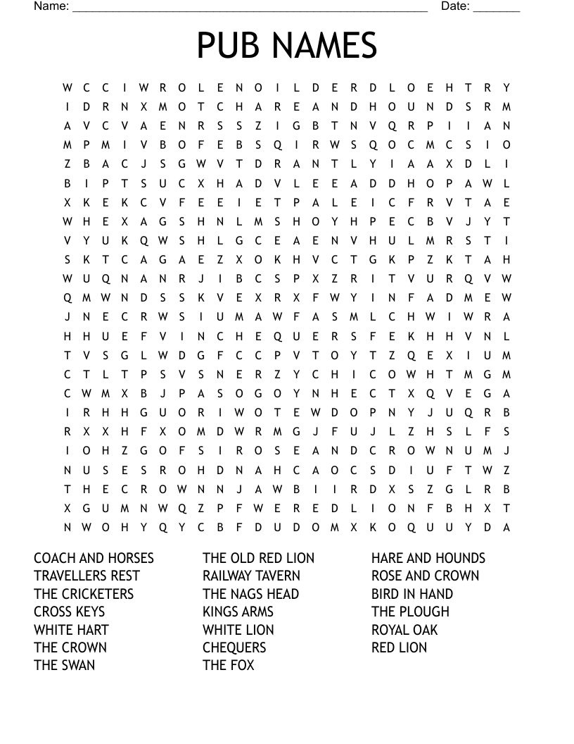 PUB NAMES Word Search