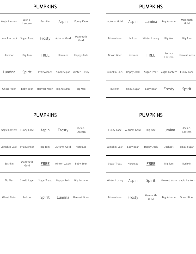 PUMPKINS Bingo Cards