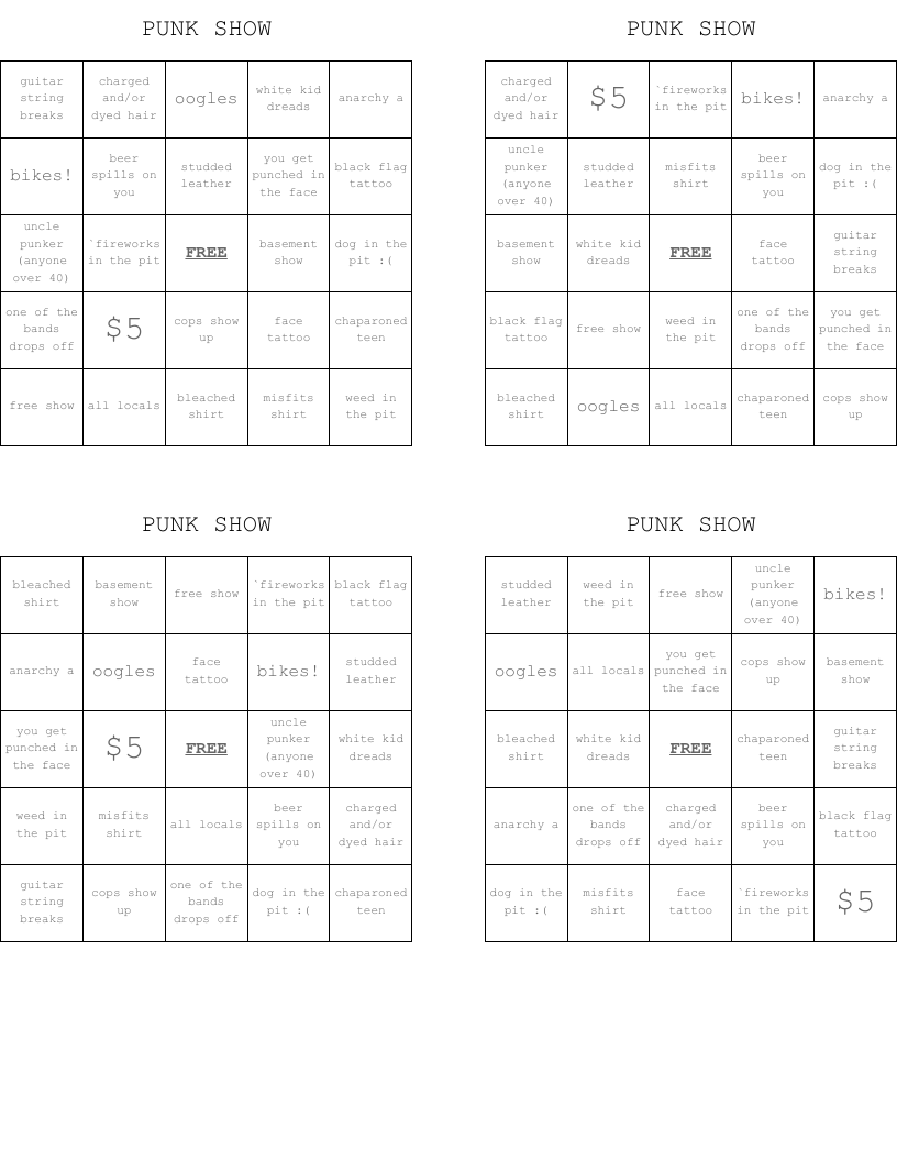 PUNK SHOW Bingo Cards