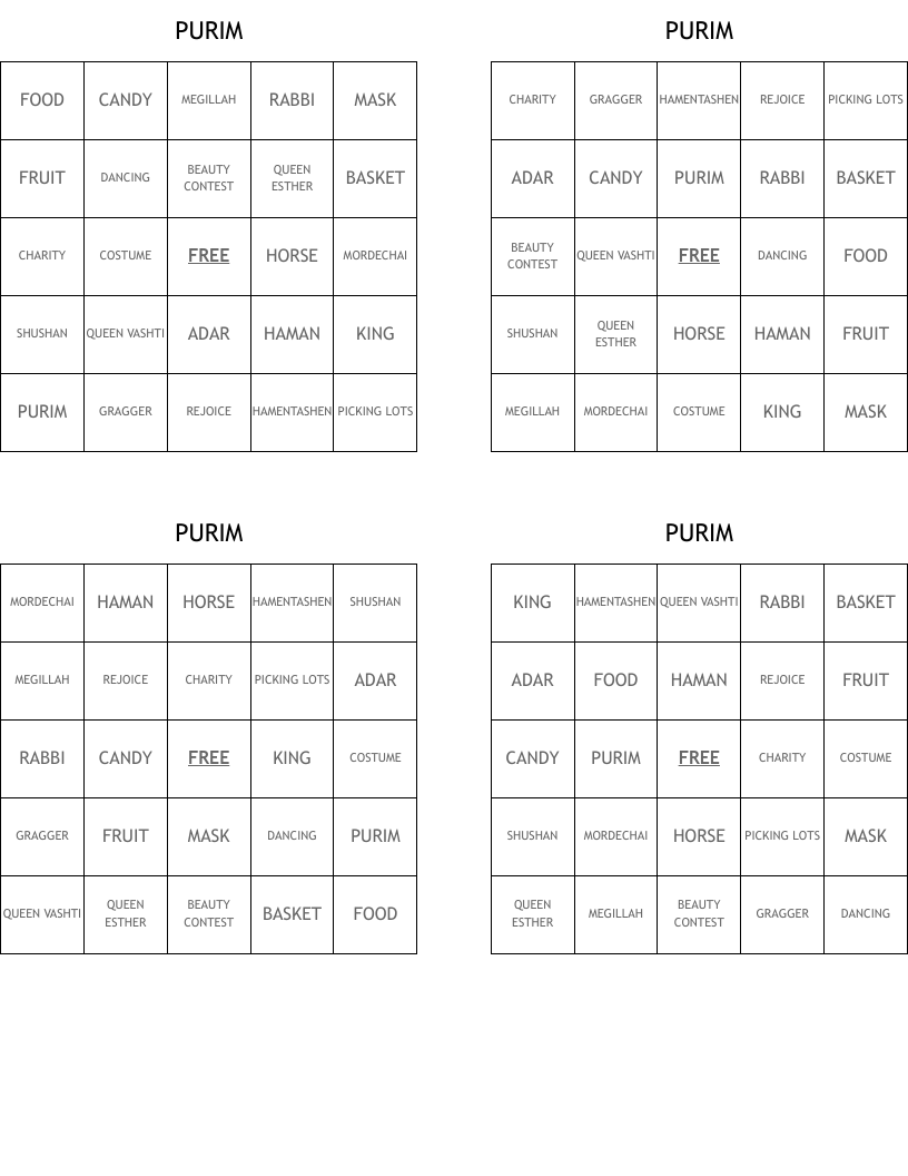 PURIM Bingo Cards