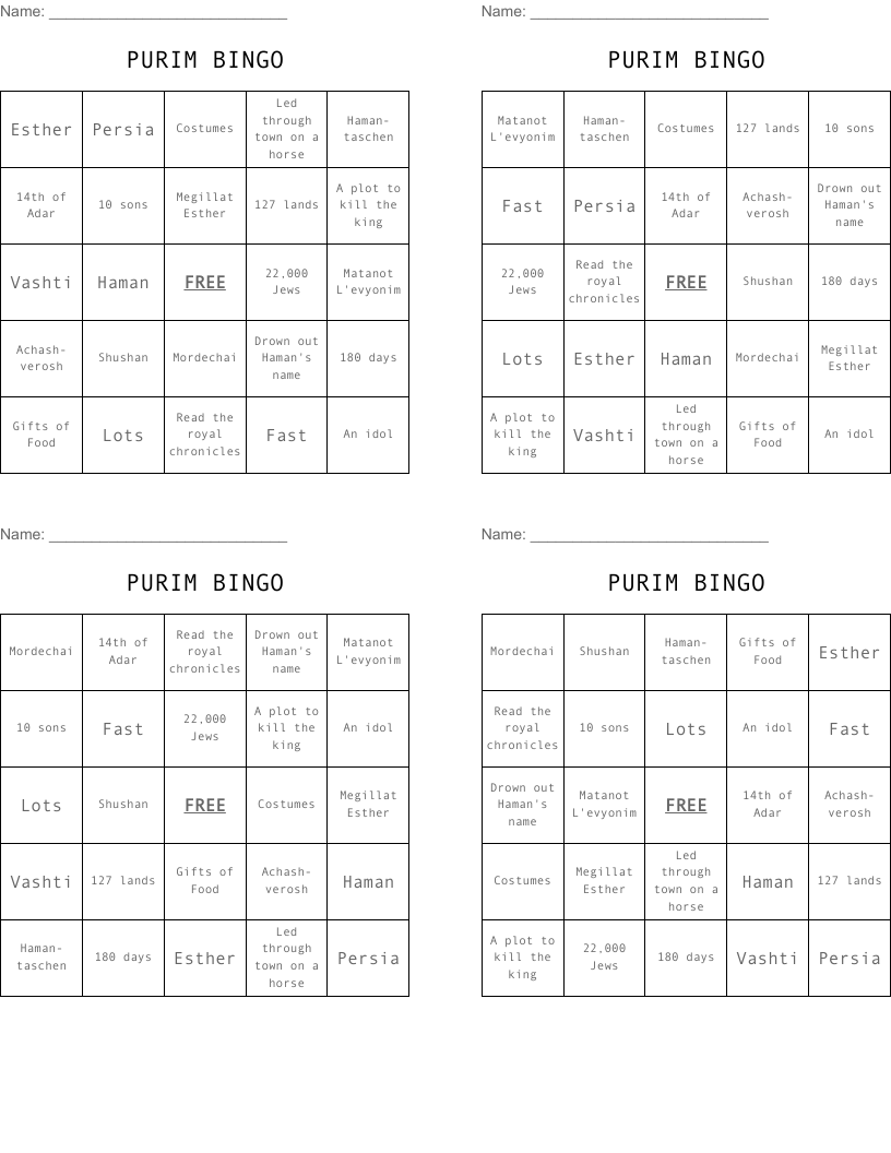 PURIM BINGO