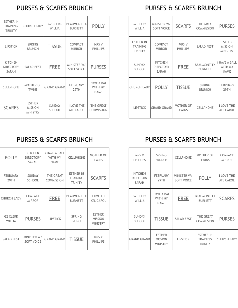 PURSES & SCARFS BRUNCH Bingo Cards