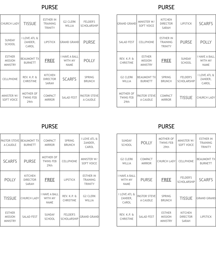 PURSE Bingo Cards
