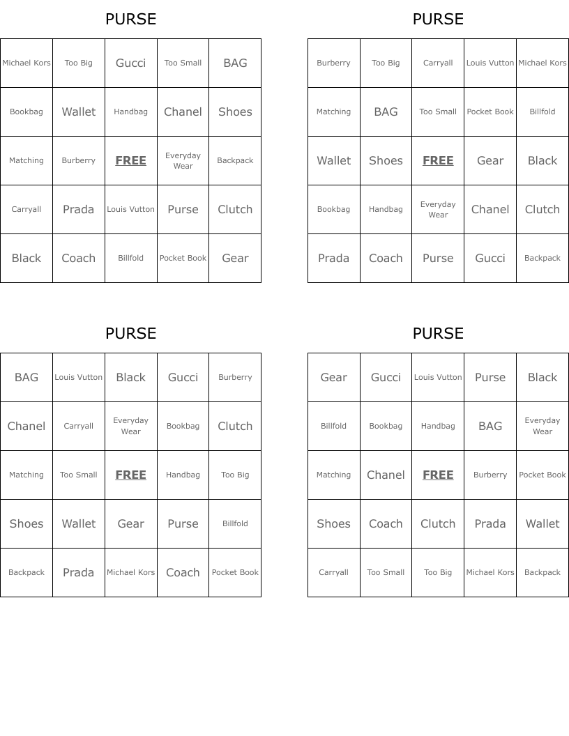 PURSE Bingo Cards
