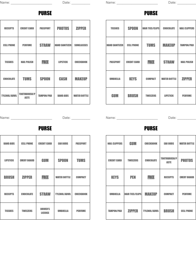 PURSE Bingo Cards