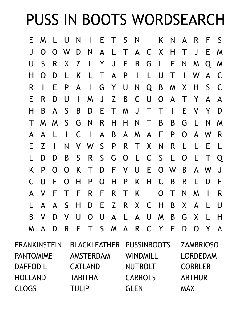 PUSS IN BOOTS WORDSEARCH