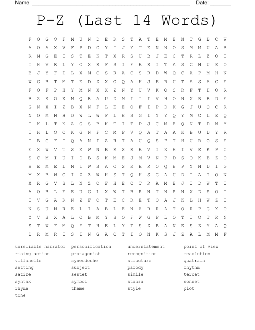P-Z (Last 14 Words) Word Search