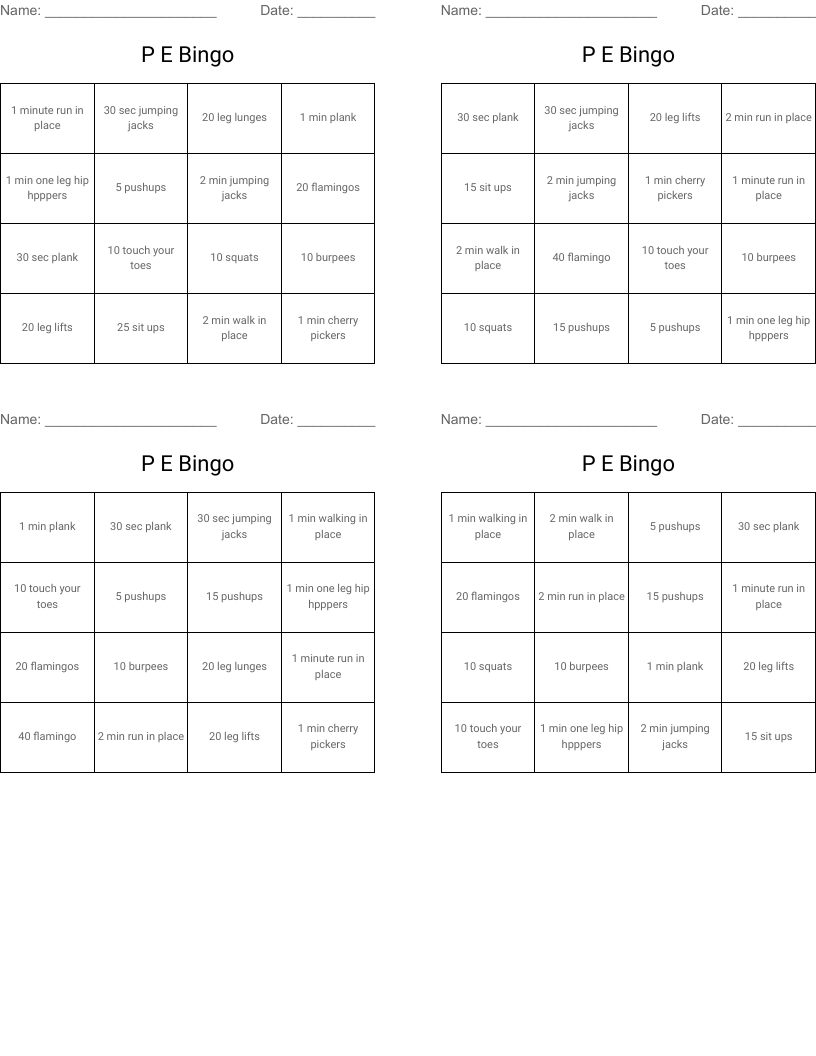 P E  Bingo